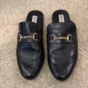 Steve Madden Black Leather Mules with Gold Accent